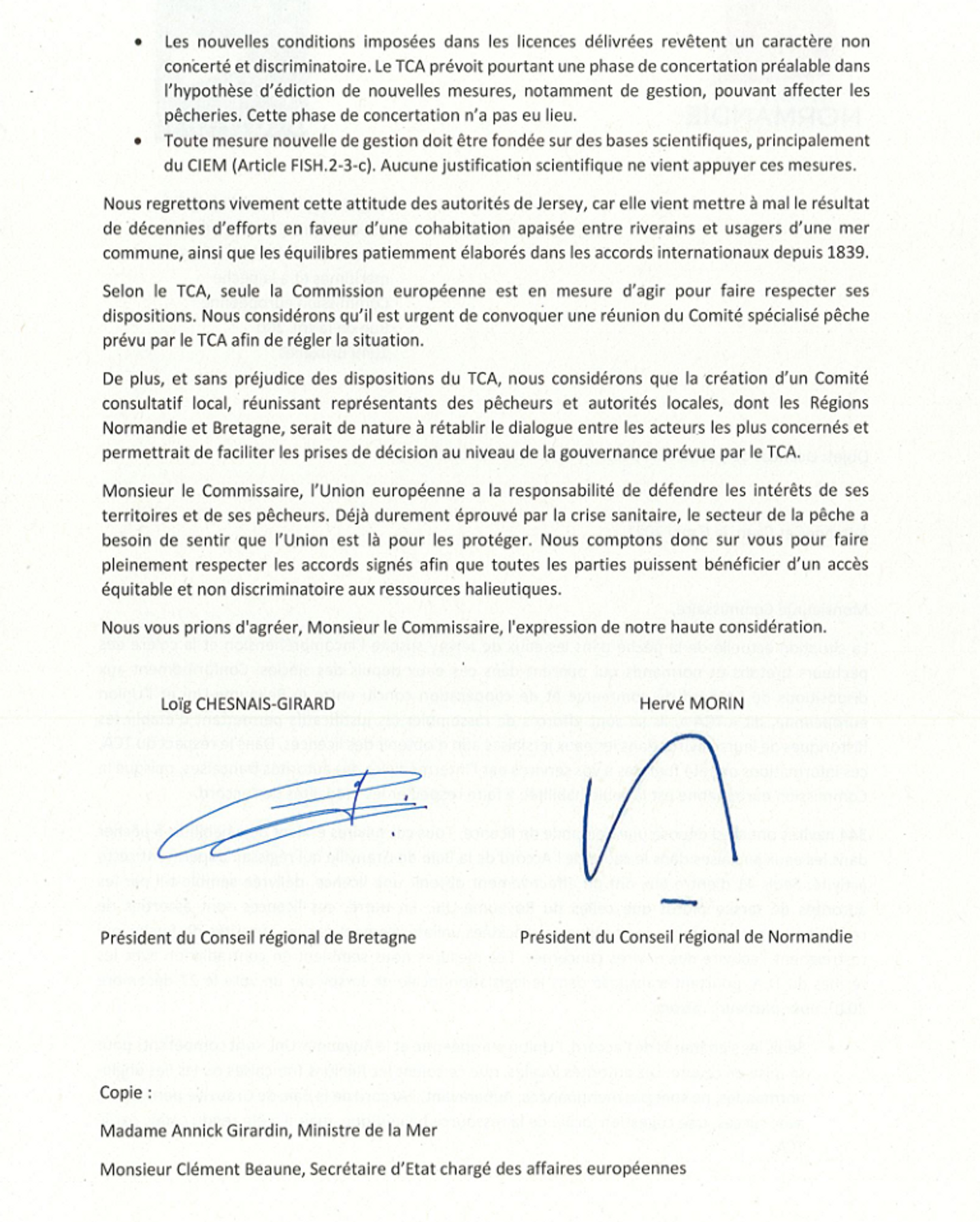 Lettre des présidents de Bretagne et Normandie